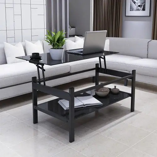 Elevate Black Glass Coffee Table with Dual Shelves Home decor
