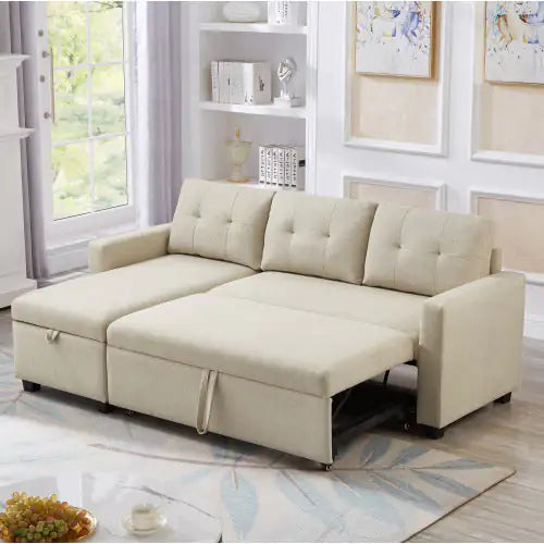 Beige Convertible Sleeper Sofa with Storage Chaise