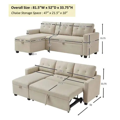 Beige Convertible Sleeper Sofa with Storage Chaise