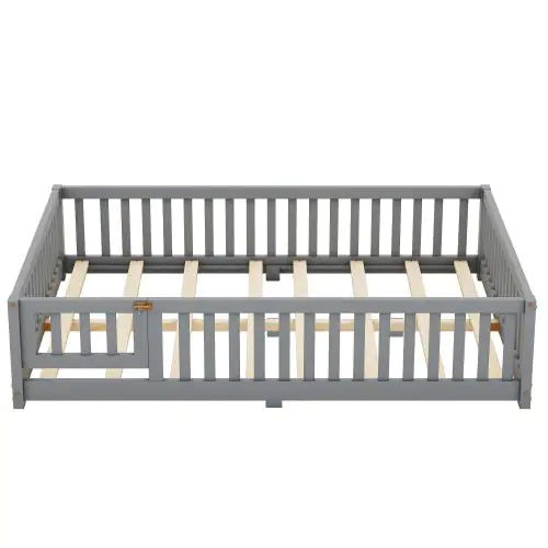 Gray Full-Sized Floor Bed with Safety Rails & Door for Kids