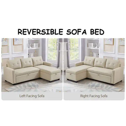 Beige Convertible Sleeper Sofa with Storage Chaise
