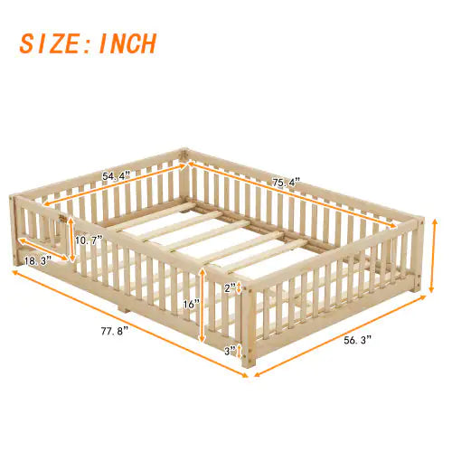 Full Size Kids Floor Bed with Guardrails