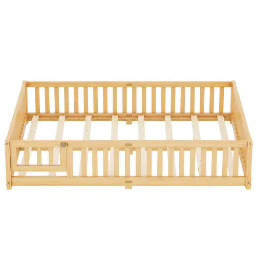 Kids' Queen Floor Bed with Safety Rails and Door, Natural