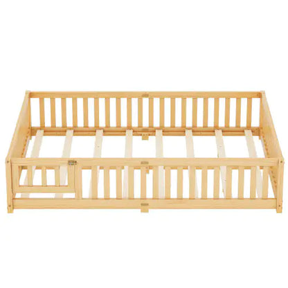 Kids' Queen Floor Bed with Safety Rails and Door, Natural