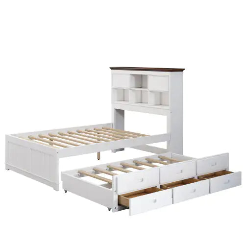 Pine Captain Bookcase Full Bed with Trundle and Drawers, White Walnut