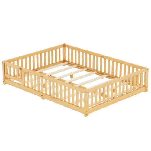 Kids' Queen Floor Bed with Safety Rails and Door, Natural