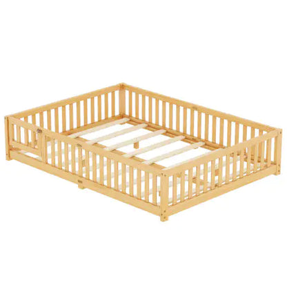 Kids' Queen Floor Bed with Safety Rails and Door, Natural