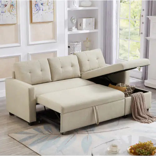 Beige Convertible Sleeper Sofa with Storage Chaise