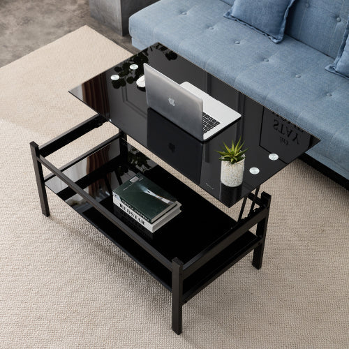 Elevate Black Glass Coffee Table with Dual Shelves Home decor