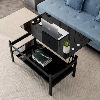 Elevate Black Glass Coffee Table with Dual Shelves Home decor