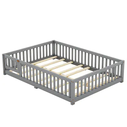 Gray Full-Sized Floor Bed with Safety Rails & Door for Kids