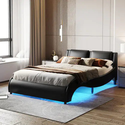 Black Queen LED Platform Bed with Faux Leather