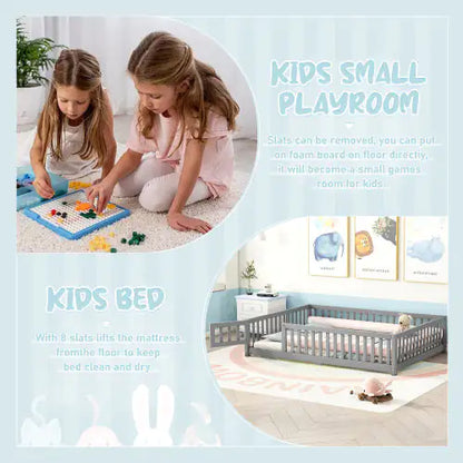 Gray Full-Sized Floor Bed with Safety Rails & Door for Kids