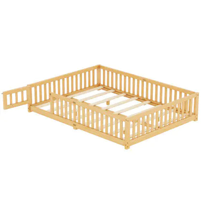 Kids' Queen Floor Bed with Safety Rails and Door, Natural