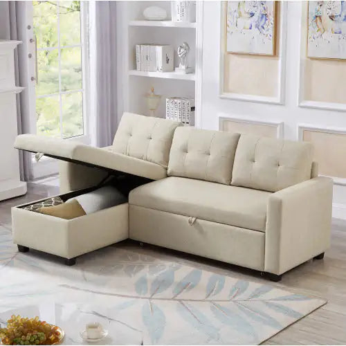 Beige Convertible Sleeper Sofa with Storage Chaise