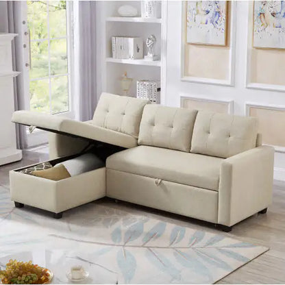 Beige Convertible Sleeper Sofa with Storage Chaise