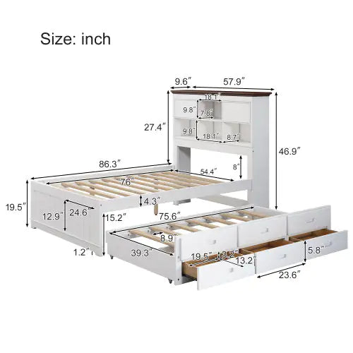 Pine Captain Bookcase Full Bed with Trundle and Drawers, White Walnut