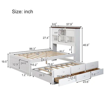 Pine Captain Bookcase Full Bed with Trundle and Drawers, White Walnut