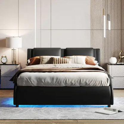 Black Queen LED Platform Bed with Faux Leather