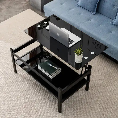 Elevate Black Glass Coffee Table with Dual Shelves Home decor