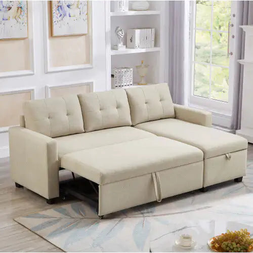 Beige Convertible Sleeper Sofa with Storage Chaise
