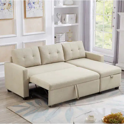 Beige Convertible Sleeper Sofa with Storage Chaise