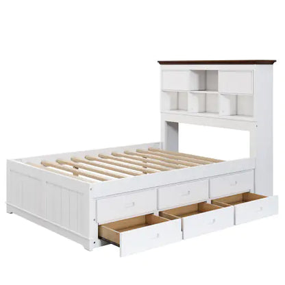 Pine Captain Bookcase Full Bed with Trundle and Drawers, White Walnut