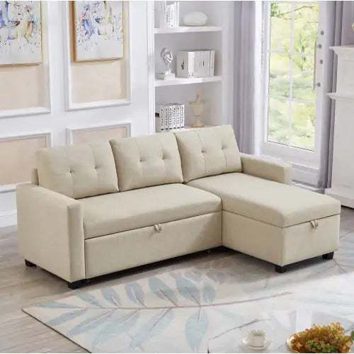 Beige Convertible Sleeper Sofa with Storage Chaise