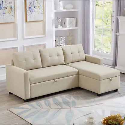 Beige Convertible Sleeper Sofa with Storage Chaise