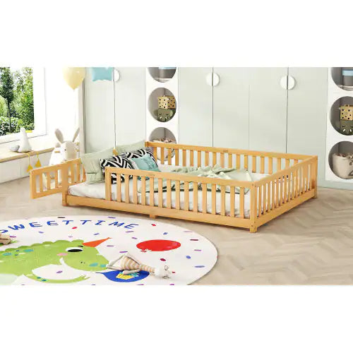 Kids' Queen Floor Bed with Safety Rails and Door, Natural