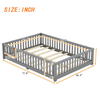 Gray Full-Sized Floor Bed with Safety Rails & Door for Kids