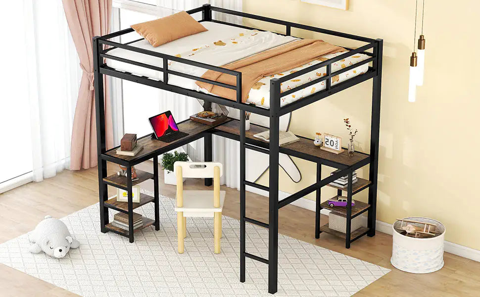 Metal Loft Bed with Desk and Storage