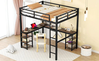 Metal Loft Bed with Desk and Storage