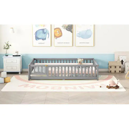 Gray Full-Sized Floor Bed with Safety Rails & Door for Kids