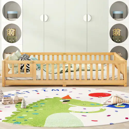 Kids' Queen Floor Bed with Safety Rails and Door, Natural