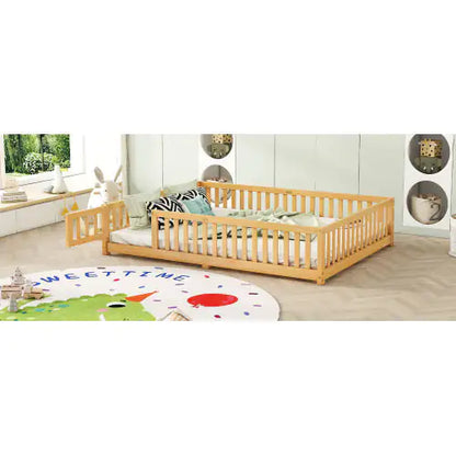 Kids' Queen Floor Bed with Safety Rails and Door, Natural