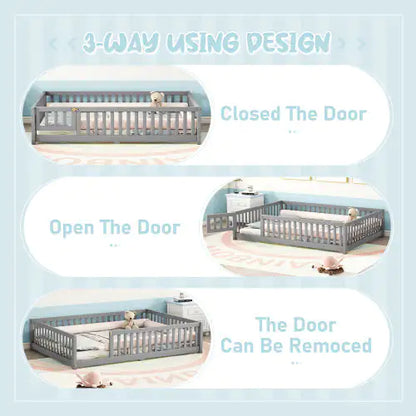 Gray Full-Sized Floor Bed with Safety Rails & Door for Kids