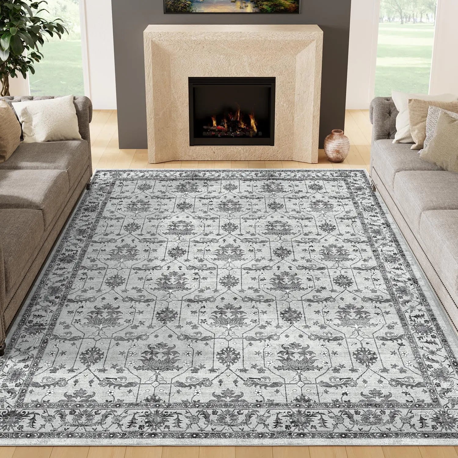 ChicWond 9x12 Taupe Floral Non-Slip Area Rug Home decor