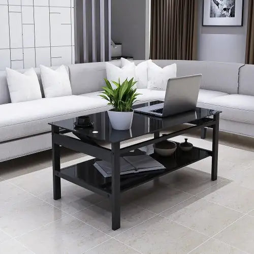 Elevate Black Glass Coffee Table with Dual Shelves Home decor