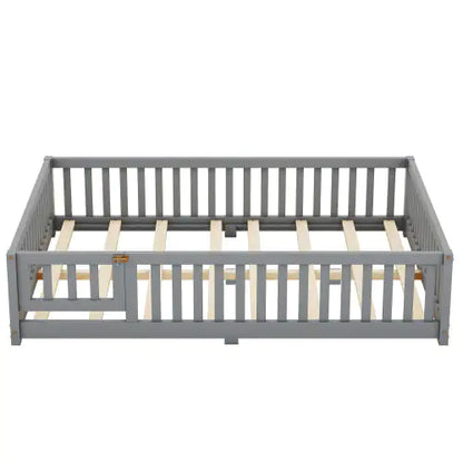 Gray Full-Sized Floor Bed with Safety Rails & Door for Kids