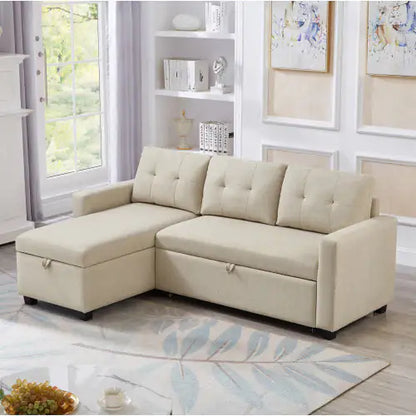 Beige Convertible Sleeper Sofa with Storage Chaise