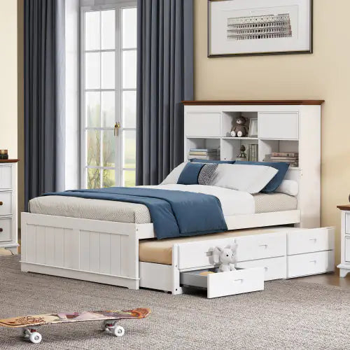 Pine Captain Bookcase Full Bed with Trundle and Drawers, White Walnut