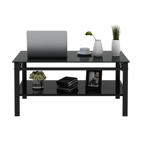 Elevate Black Glass Coffee Table with Dual Shelves Home decor