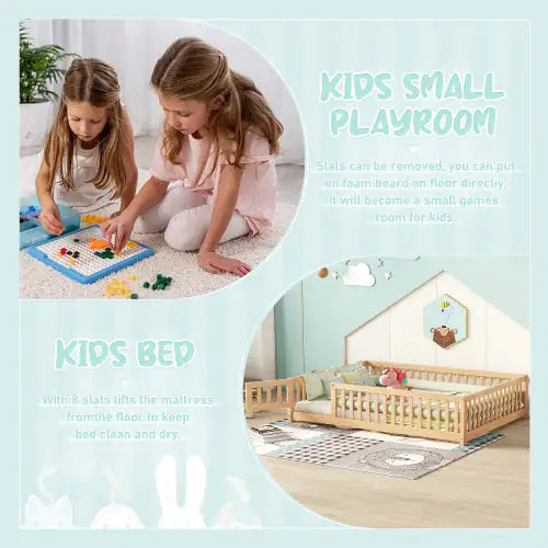 Full Size Kids Floor Bed with Guardrails