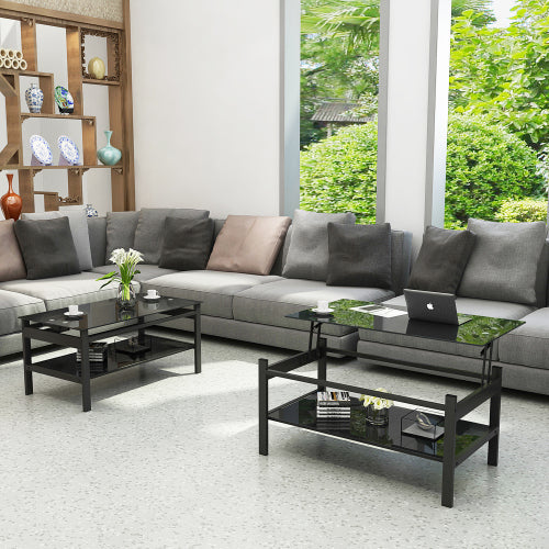 Elevate Black Glass Coffee Table with Dual Shelves Home decor