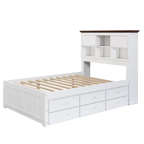 Pine Captain Bookcase Full Bed with Trundle and Drawers, White Walnut