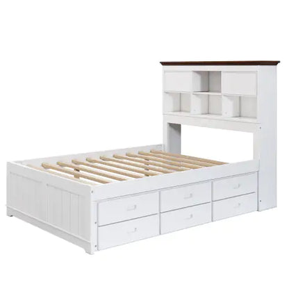Pine Captain Bookcase Full Bed with Trundle and Drawers, White Walnut