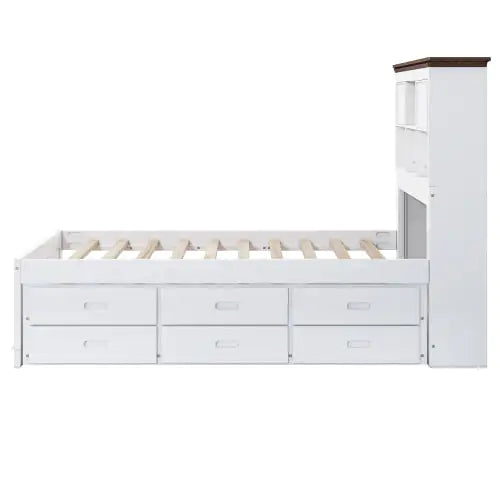 Pine Captain Bookcase Full Bed with Trundle and Drawers, White Walnut