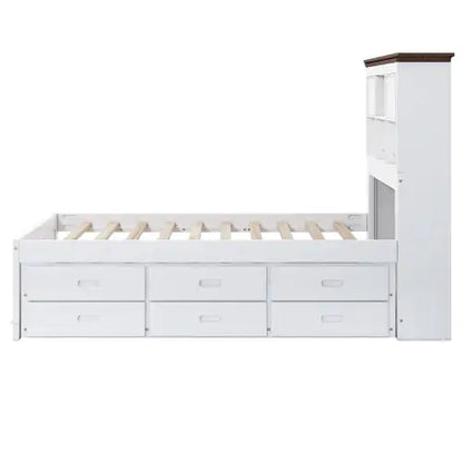 Pine Captain Bookcase Full Bed with Trundle and Drawers, White Walnut