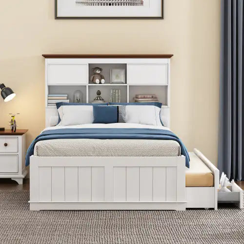 Pine Captain Bookcase Full Bed with Trundle and Drawers, White Walnut